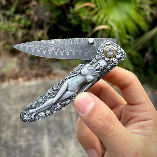 Double Sided Engraved Vintage Handle Folding Damascus Outdoor Pocket Tool